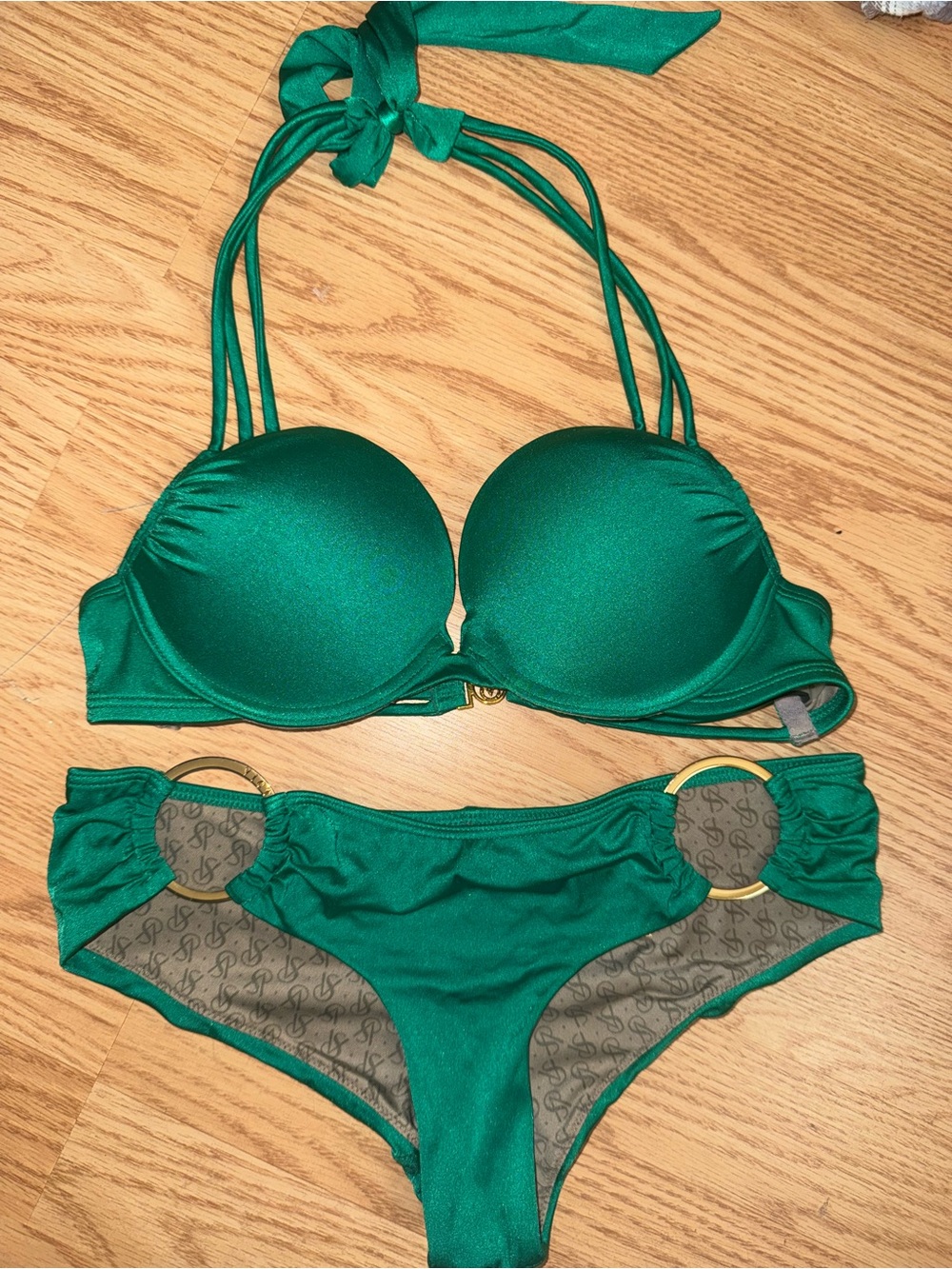 VS Bombshell Green Halter Bikini Set with Gold Ring Accents